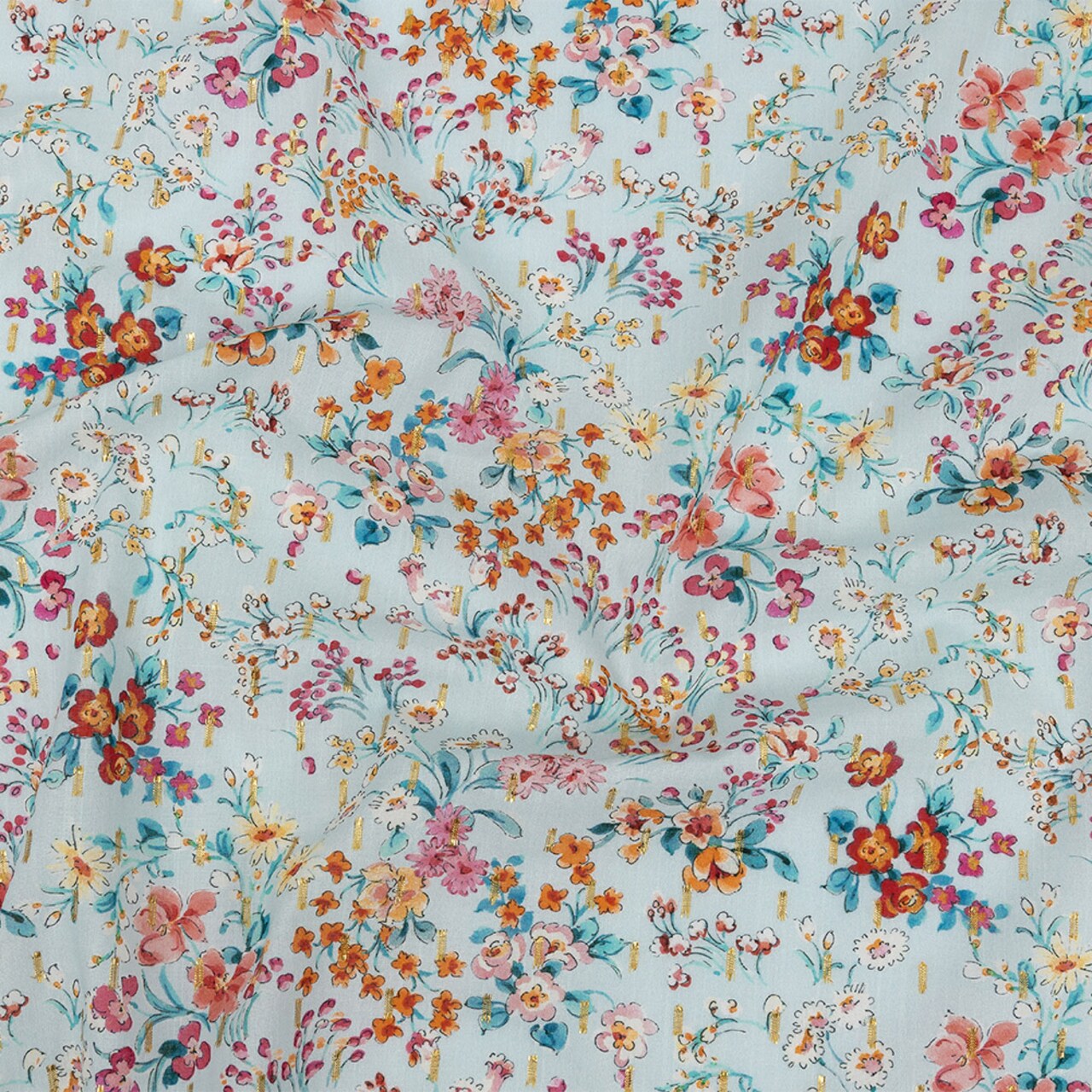 1 Yard Baby Blue Floral Cotton Voile Print with Metallic Dots Celestial Serendipity Fabric